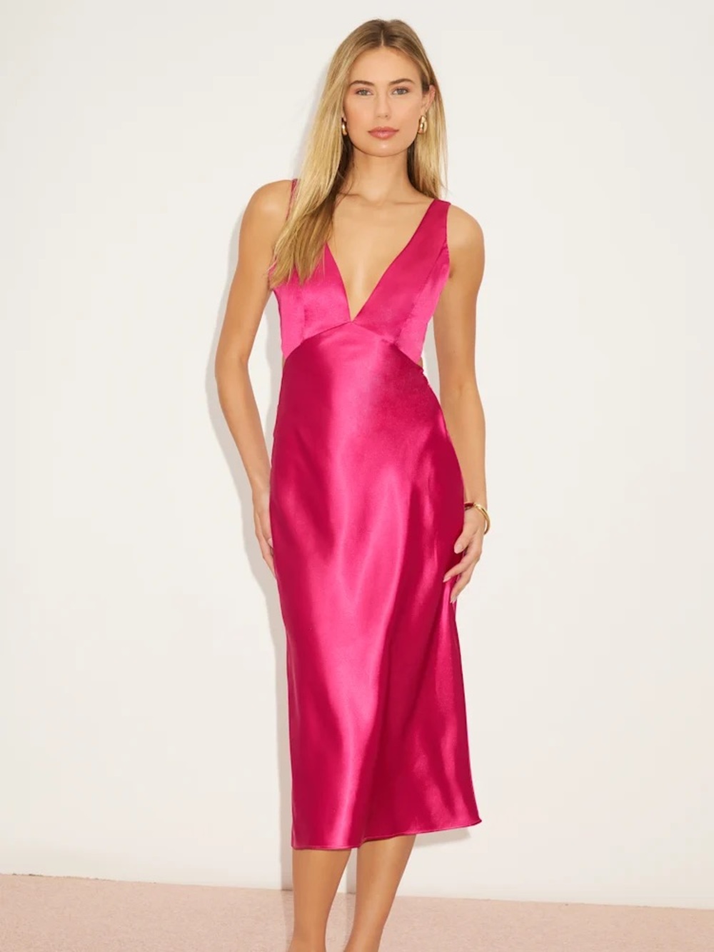Lulus Unmatched Elegance Fuchsia Satin Sleeveless Midi Dress Pink - Size S - Picture 2 of 3